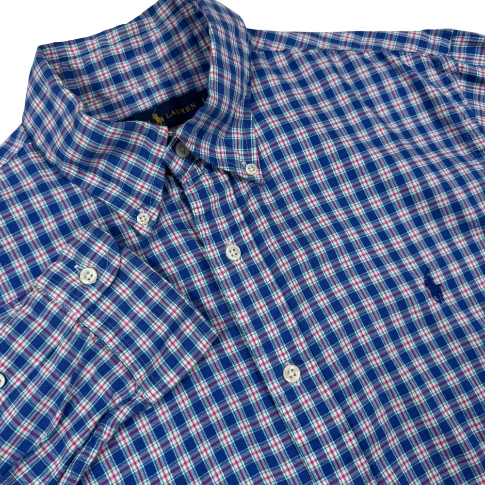 Ralph Lauren Button Down Shirt Men L Blue Pink Plaid Preppy Long Sleeve Timeless